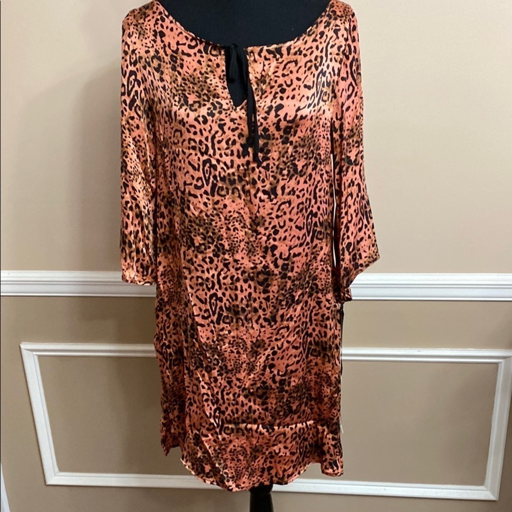 Leopard Print Tunic Dress with Tie Neck and Pockets Small NWT